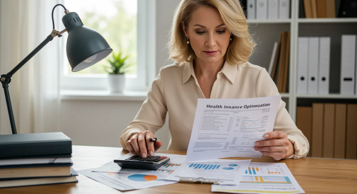Individual analyzing health insurance documents and calculating potential savings.