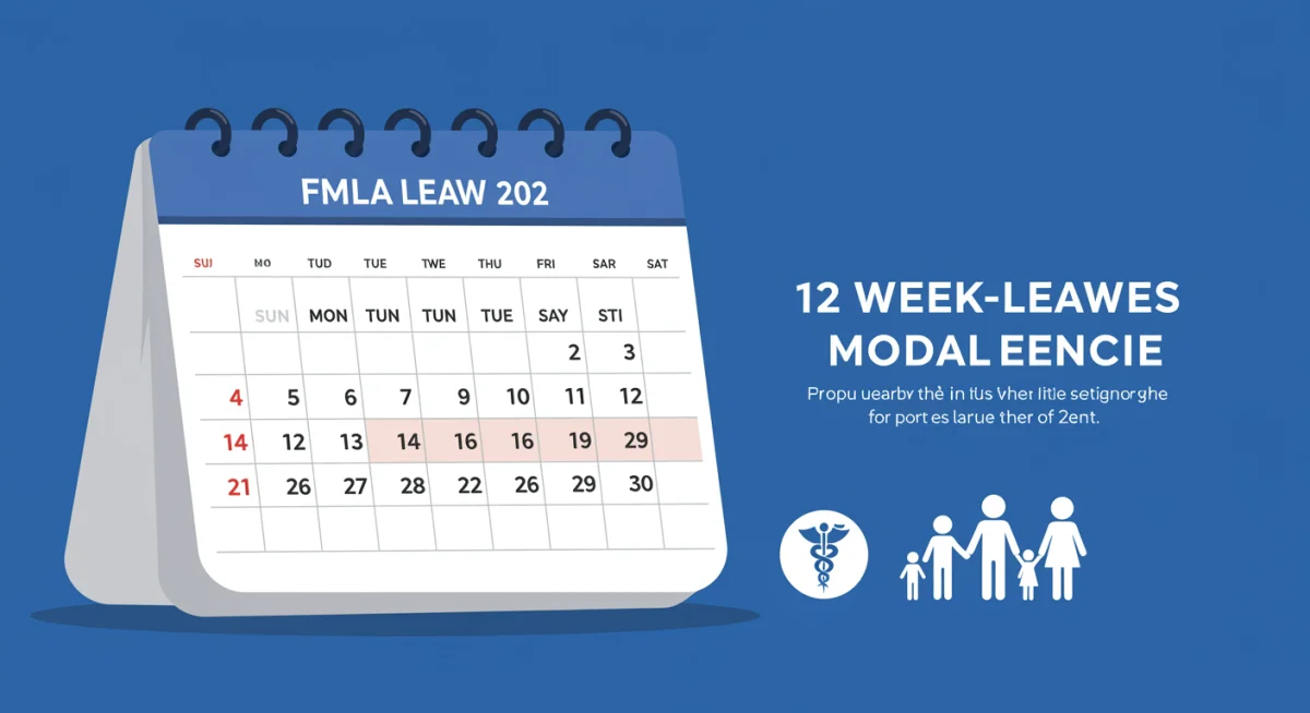 Calendar highlighting 12-week FMLA leave with family and medical icons