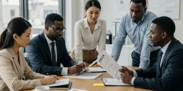 Diverse employees and HR discuss FMLA documents in a modern office