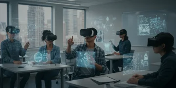 Students engaged in virtual reality learning on a modern US university campus