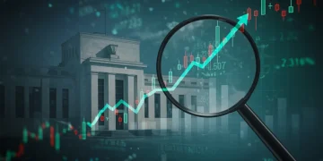 Financial graph with rising interest rates and a magnifying glass, representing a 5-step analysis of 2026 Federal Reserve rate hikes.