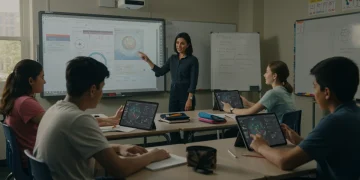 Students and teacher interacting with AI learning tools in a modern US classroom, illustrating technological integration.