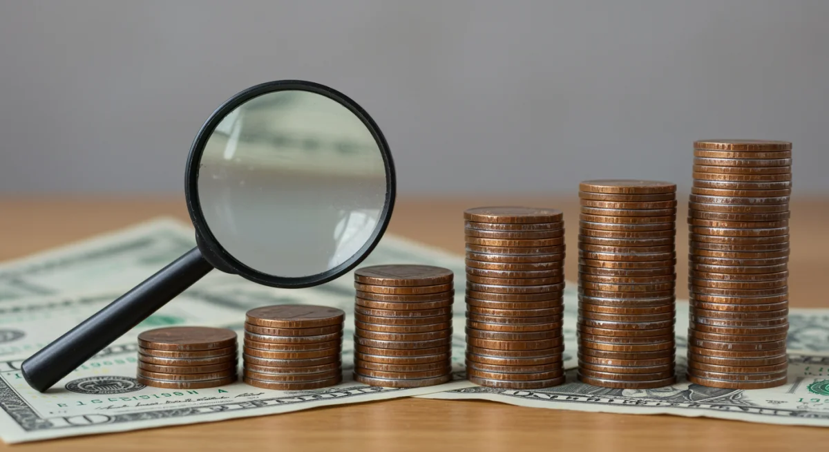 Stacked coins and bills with a magnifying glass, symbolizing the impact of COLA on financial value.