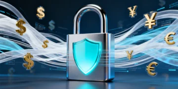 Digital padlock with glowing shield protecting financial data