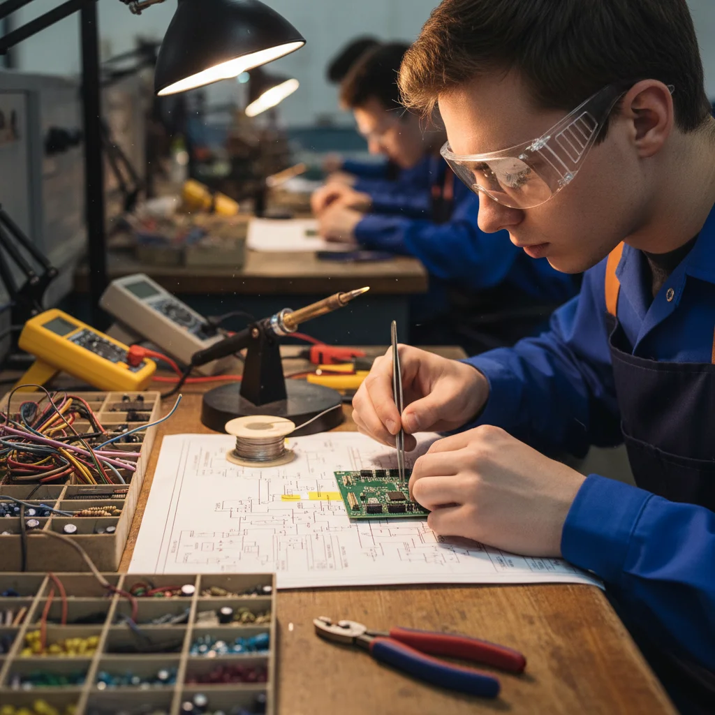 Student hands assembling circuit board in electronics training