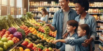 Family grocery shopping with fresh produce, symbolizing access to healthy food through SNAP benefits.