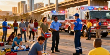 Community participating in a FEMA-led disaster preparedness drill with emergency responders.