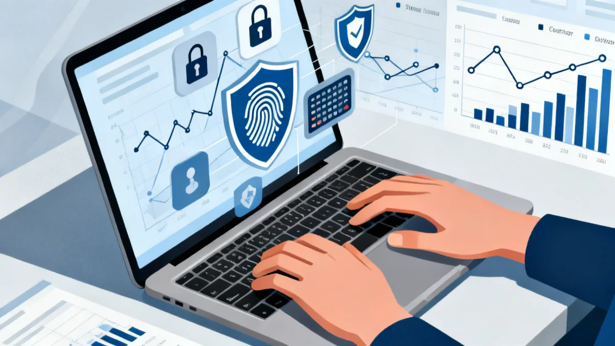 Hands typing on laptop with security icons for multi-factor authentication