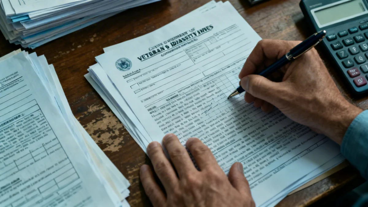 Hands meticulously filling out VA disability benefit application forms.