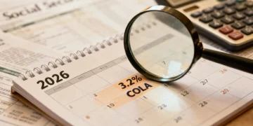 Calendar with 2026 highlighted, magnifying glass over financial documents, representing Social Security COLA.