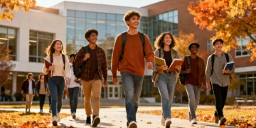 Diverse students walking on a college campus, symbolizing increased accessibility and affordability in higher education.