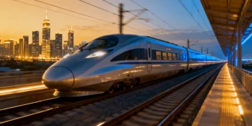 Modern high-speed train on advanced tracks, representing the future of US transportation.