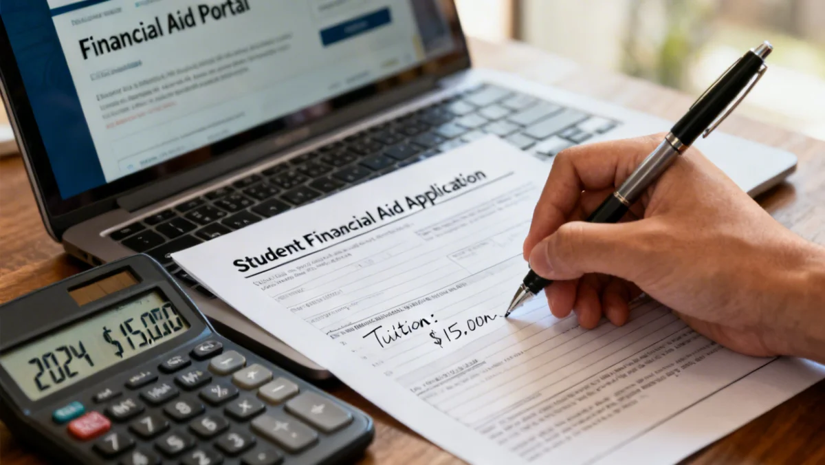 Student signing financial aid forms, emphasizing new programs for college cost reduction.