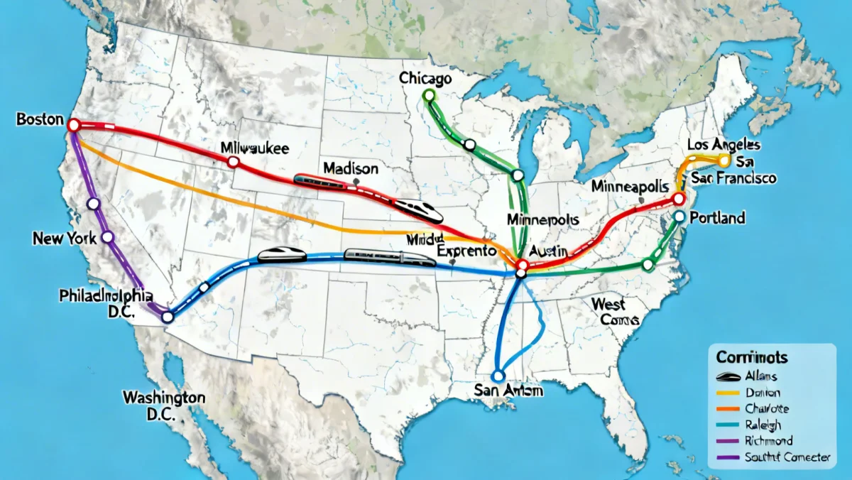 Detailed map showing proposed high-speed rail corridors in the United States.
