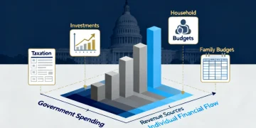 Illustration of 2026 Federal Budget impacting personal finances with money, taxes, and economic graphs.
