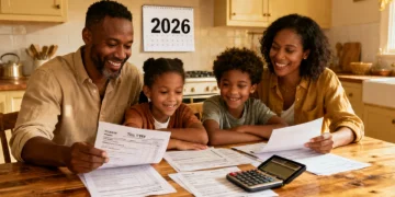 Family reviewing 2026 tax documents, calculating EITC refund