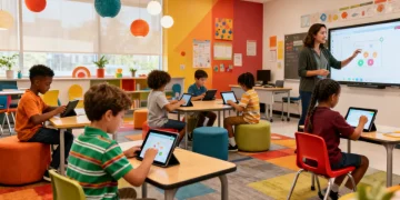 Diverse students engaged in personalized learning with technology in a modern classroom